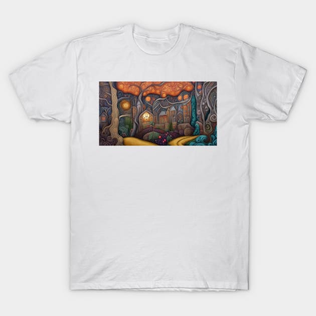 Fairytale Woodland Folk Art Cottages T-Shirt by EpicFoxArt